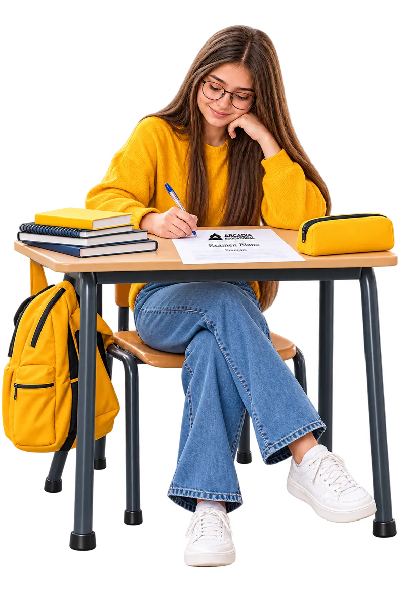 Une élève Arcadia concentrée sur sa copie d'examen blanc